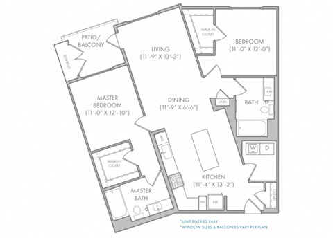Floor plan for 2 beds, 2 baths, 1205 sqft