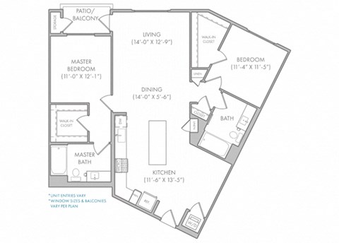 Floor plan for 2 beds, 2 baths, 1266 sqft