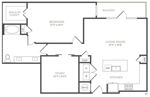 Floor plan for 1 bed, 1 bath, 1142 sqft