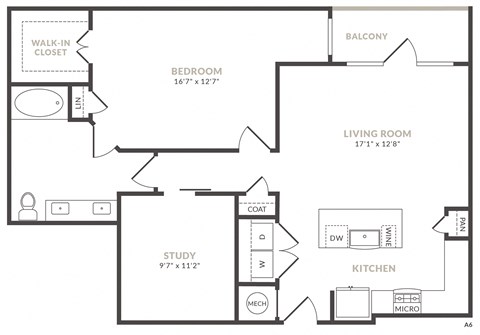 Floor plan for 1 bed, 1 bath, 1074 sqft
