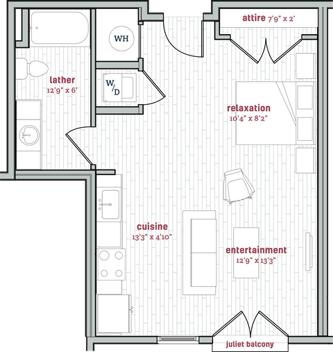 Floor plan for studio, 1 bath, 575 sqft