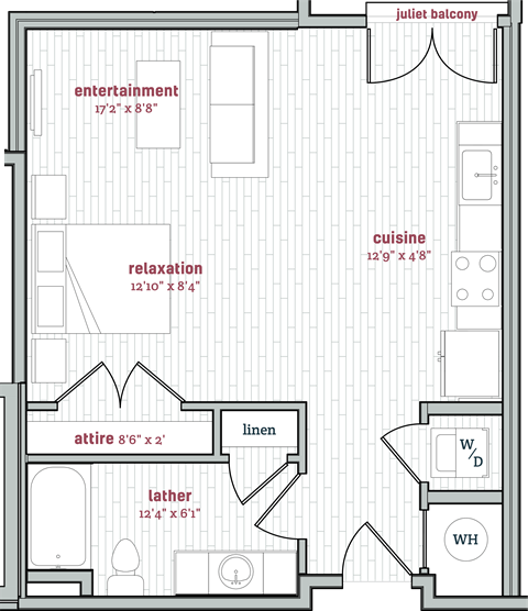 Floor plan for studio, 1 bath, 600 sqft
