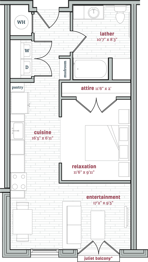 Floor plan for studio, 1 bath, 646 sqft