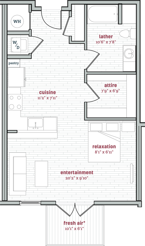 Floor plan for studio, 1 bath, 661 sqft