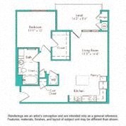 Floor plan for 1 bed, 1 bath, 745 sqft