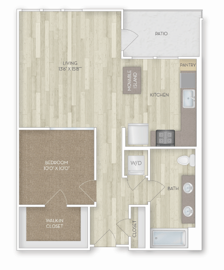 Floor plan for 1 bed, 1 bath, 769 sqft