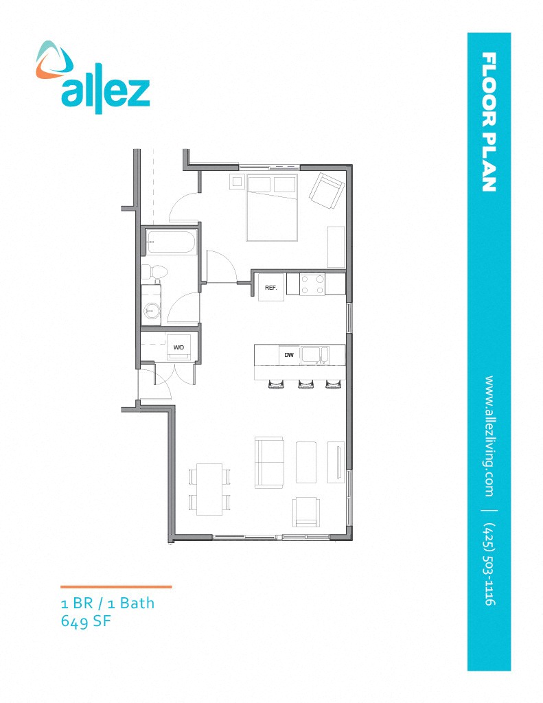 Floor plan for 1 bed, 1 bath, 685 sqft