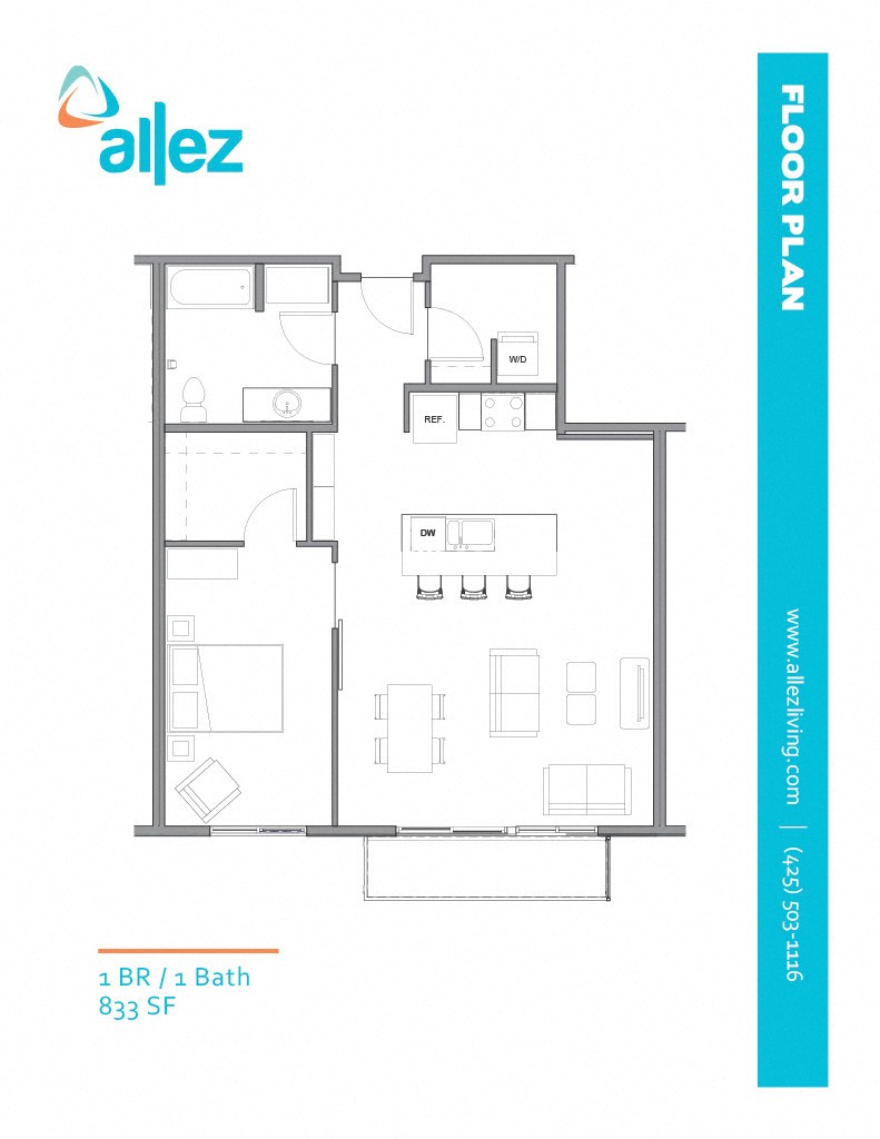 Floor plan for 1 bed, 1 bath, 833 sqft