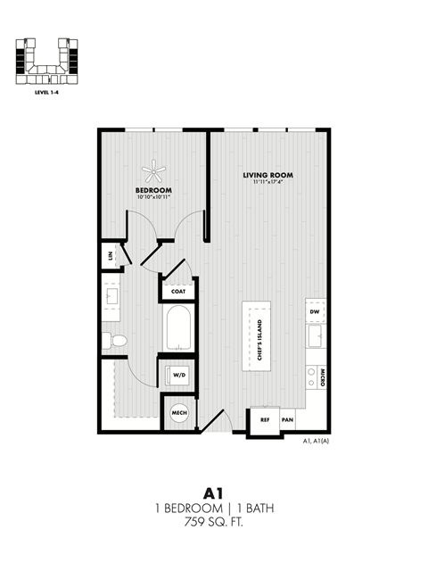Floor plan for 1 bed, 1 bath, 759 sqft