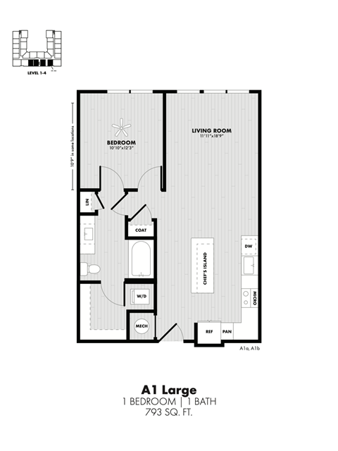Floor plan for 1 bed, 1 bath, 793 sqft