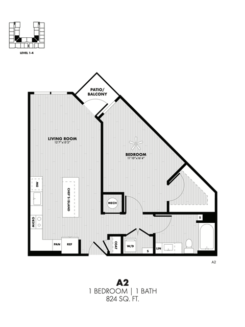Floor plan for 1 bed, 1 bath, 824 sqft