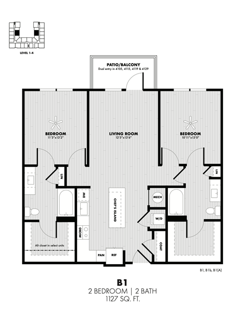 Floor plan for 2 beds, 2 baths, 1127 sqft