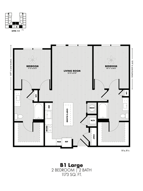Floor plan for 2 beds, 2 baths, 1173 sqft