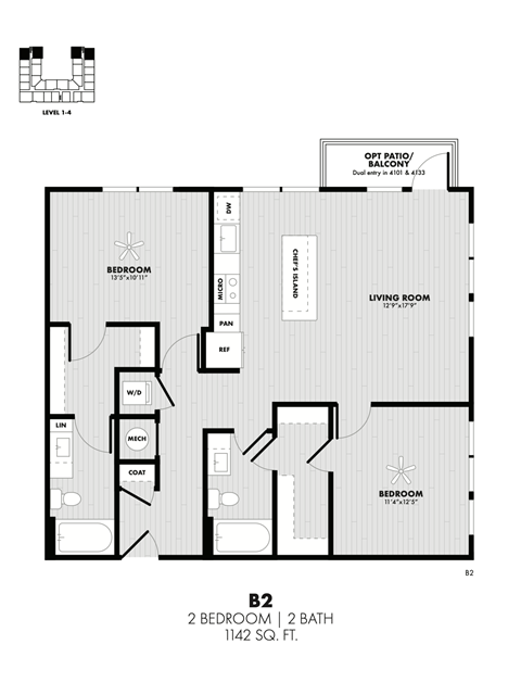 Floor plan for 2 beds, 2 baths, 1142 sqft