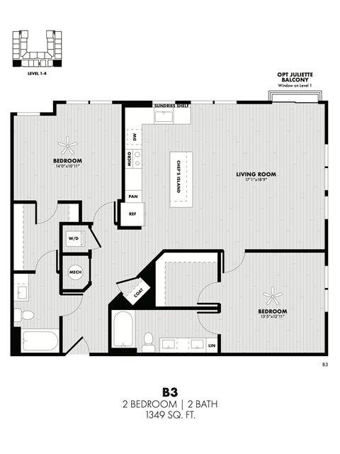 Floor plan for 2 beds, 2 baths, 1349 sqft