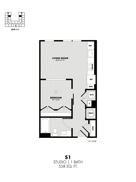 Floor plan for studio, 1 bath, 588 sqft