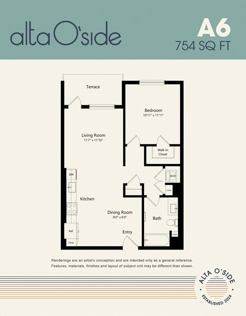 Floor plan for 1 bed, 1 bath, 754 sqft