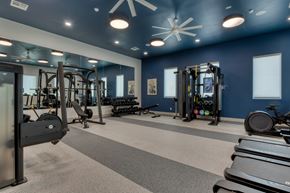 San Antonio apartment for rent - A gym with a variety of equipment including treadmills, weights, and a bench press.