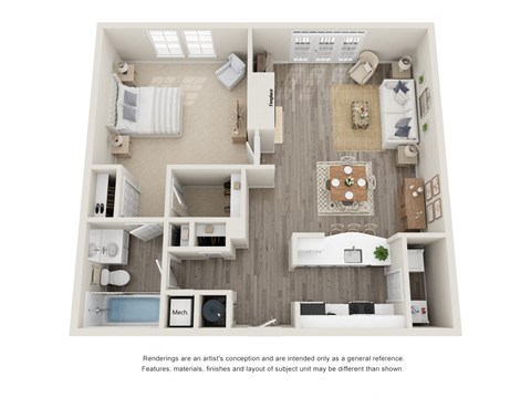 Floor plan for 1 bed, 1 bath, 845 sqft
