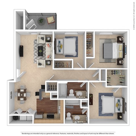 Floor plan for 3 beds, 2 baths, 1107 sqft
