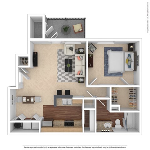 Floor plan for 1 bed, 1 bath, 661 sqft