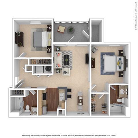 Floor plan for 2 beds, 2 baths, 910 sqft