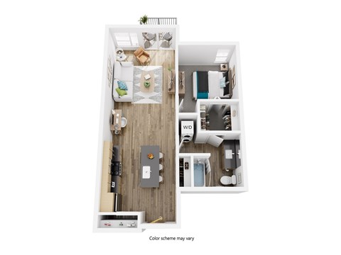 Floor plan for 1 bed, 1 bath, 718 sqft