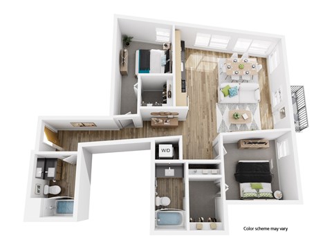 Floor plan for 2 beds, 2 baths, 1072 sqft