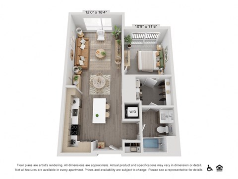 Floor plan for 1 bed, 1 bath, 681 sqft