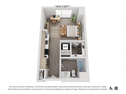 Floor plan for studio, 1 bath, 500 sqft