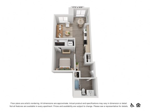 Floor plan for studio, 1 bath, 657 sqft
