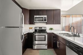 Carlsbad apartment for rent - A modern kitchen with dark brown cabinets and stainless steel appliances.