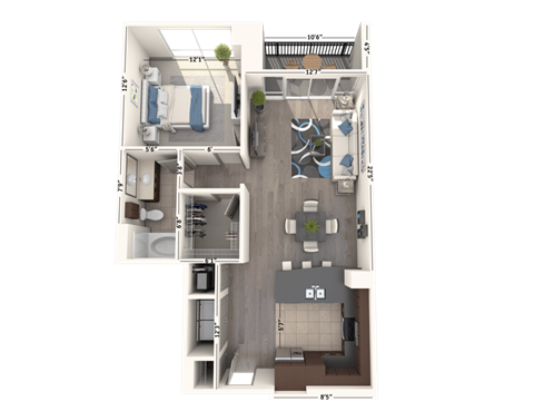 Floor plan for 1 bed, 1 bath, 940 sqft