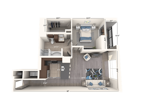 Floor plan for 1 bed, 1 bath, 1022 sqft