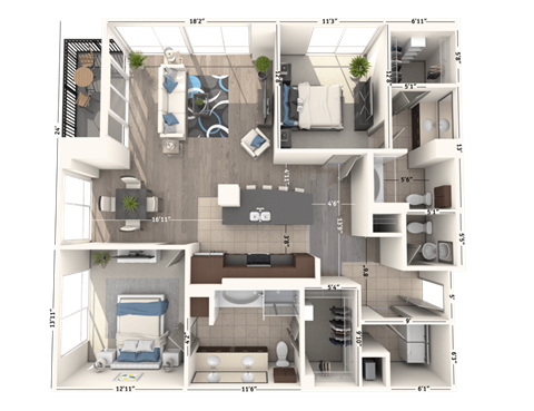 Floor plan for 2 beds, 2.5 baths, 1679 sqft