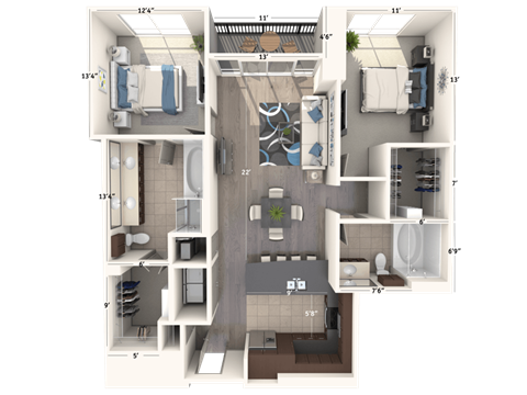 Floor plan for 2 beds, 2 baths, 1316 sqft