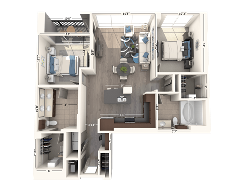 Floor plan for 2 beds, 2 baths, 1345 sqft
