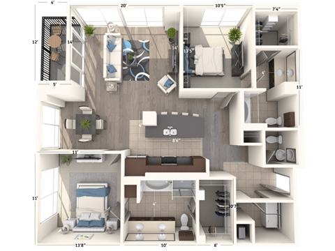 Floor plan for 2 beds, 2 baths, 1569 sqft