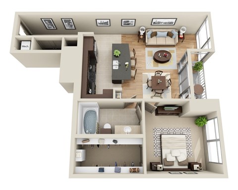Floor plan for 1 bed, 1 bath, 994 sqft