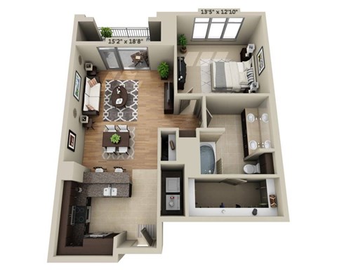 Floor plan for 1 bed, 1 bath, 1047 sqft