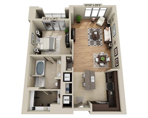 Floor plan for 1 bed, 1 bath, 1133 sqft