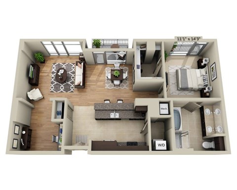 Floor plan for 1 bed, 1 bath, 1259 sqft