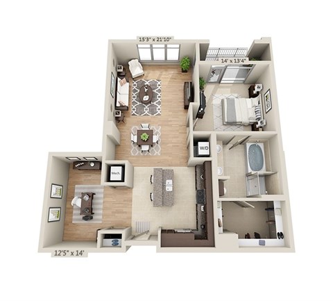 Floor plan for 1 bed, 1 bath, 1238 sqft