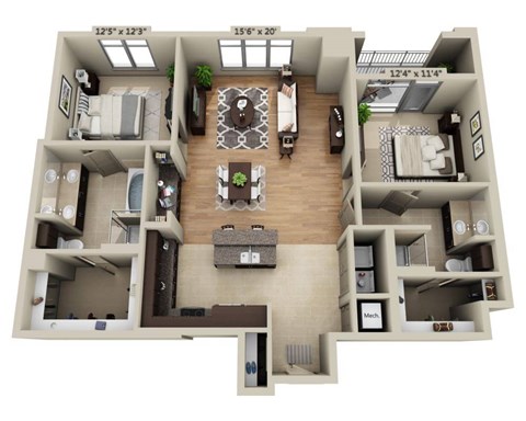 Floor plan for 2 beds, 2 baths, 1495 sqft