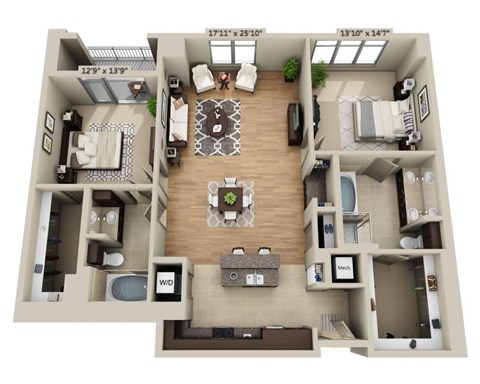 Floor plan for 2 beds, 2 baths, 1667 sqft