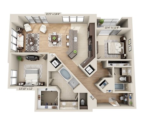 Floor plan for 2 beds, 2 baths, 1630 sqft