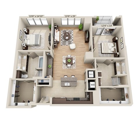 Floor plan for 2 beds, 2 baths, 1606 sqft