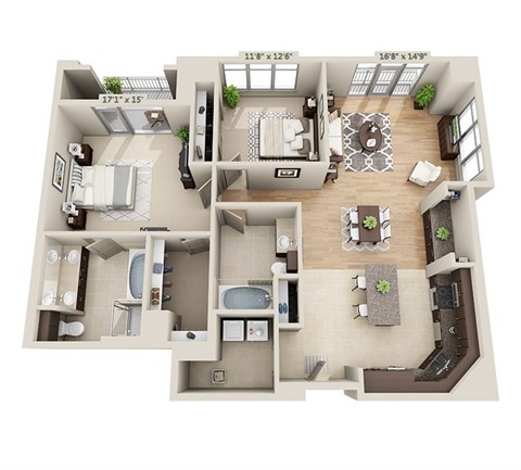 Floor plan for 2 beds, 2 baths, 1629 sqft