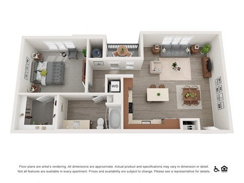 Floor plan for 1 bed, 1 bath, 885 sqft