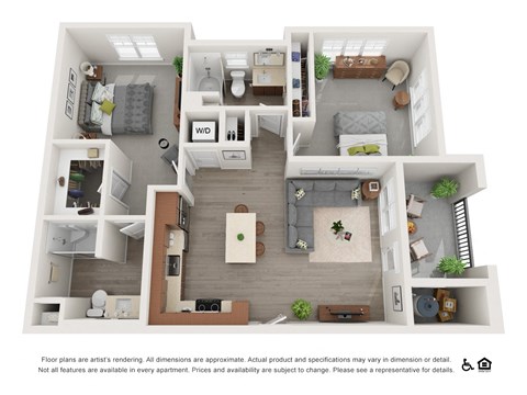 Floor plan for 2 beds, 2 baths, 1077 sqft